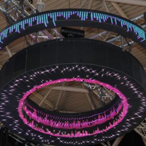 Image shows a large screen installation which looks like a chandelier
