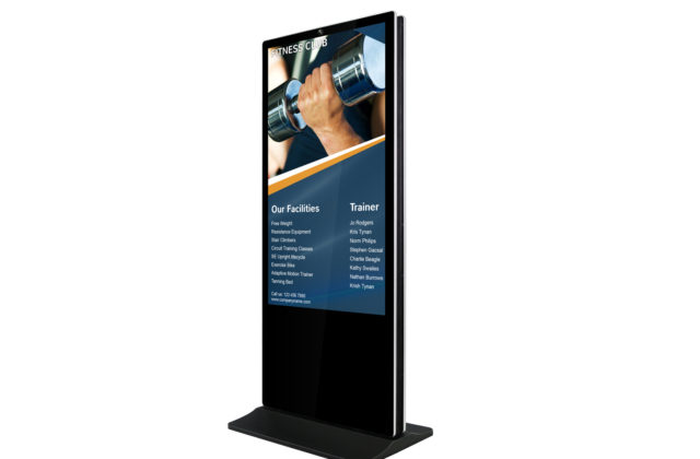 Image shows a free standing digital screen for a fitness club